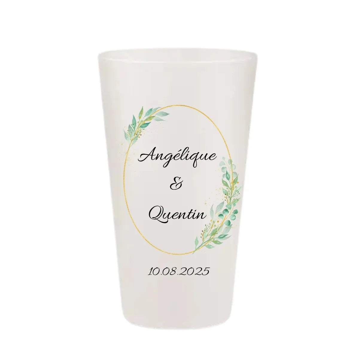 Gobelet réutilisable personnalisé pour mariage, illustration ellipse dorée avec feuillage eucalyptus, fabriqué en France.