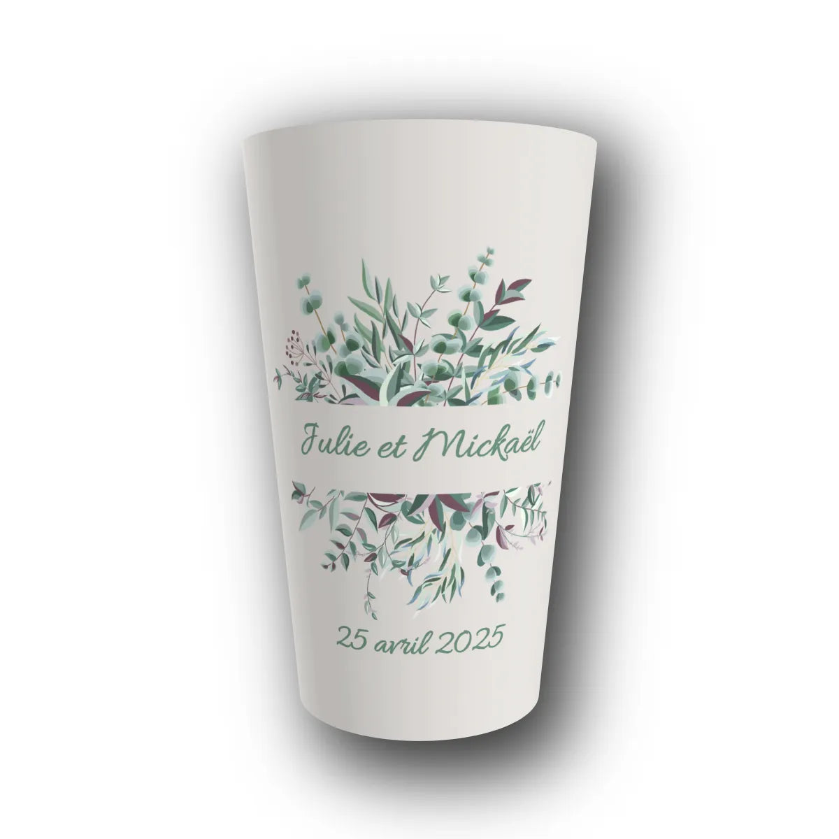 Gobelet réutilisable personnalisé mariage, eucalyptus bohème, rendu 3D