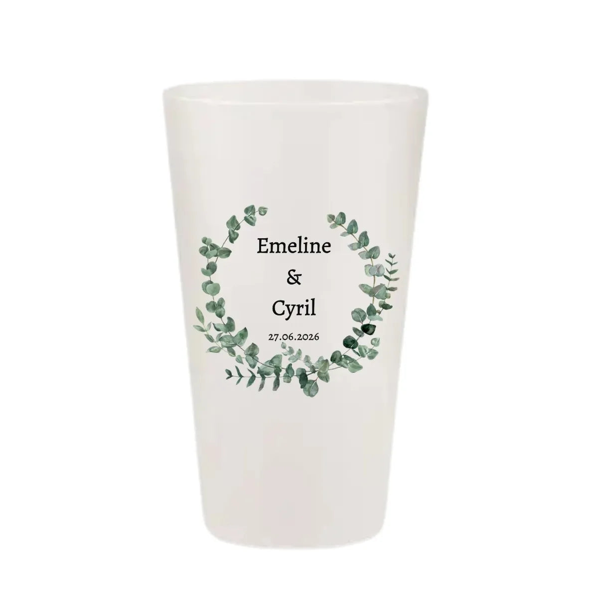 Gobelet mariage personnalisé avec une couronne de feuilles d'eucalyptus aquarelle verte