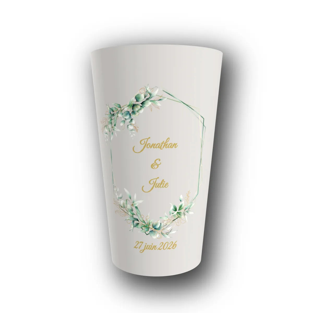 Gobelet réutilisable personnalisé mariage, eucalyptus géométrique, rendu 3D
