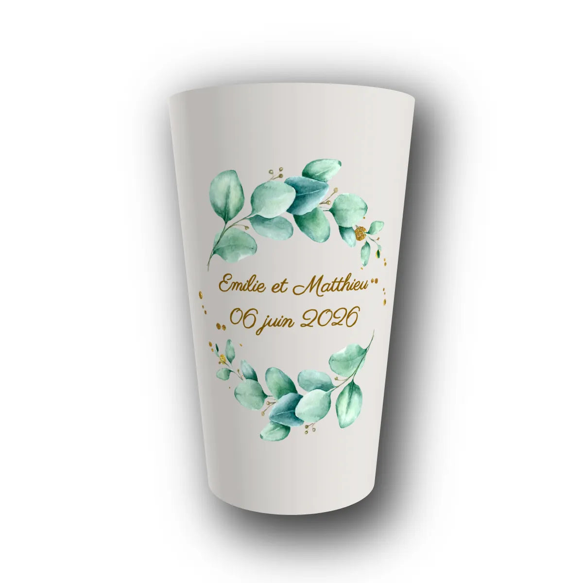 Gobelet réutilisable personnalisé mariage, eucalyptus et poussières d'or, rendu 3D