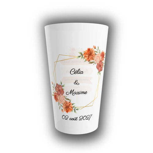 Gobelet réutilisable personnalisé mariage, translucide, orné d'une couronne florale terracotta avec prénoms des mariés et date du mariage