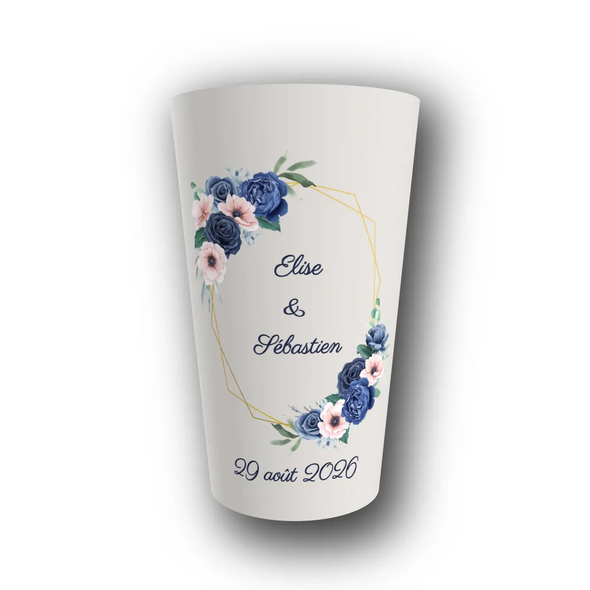Gobelet réutilisable personnalisé mariage, hexagone bleu royal, rendu 3D