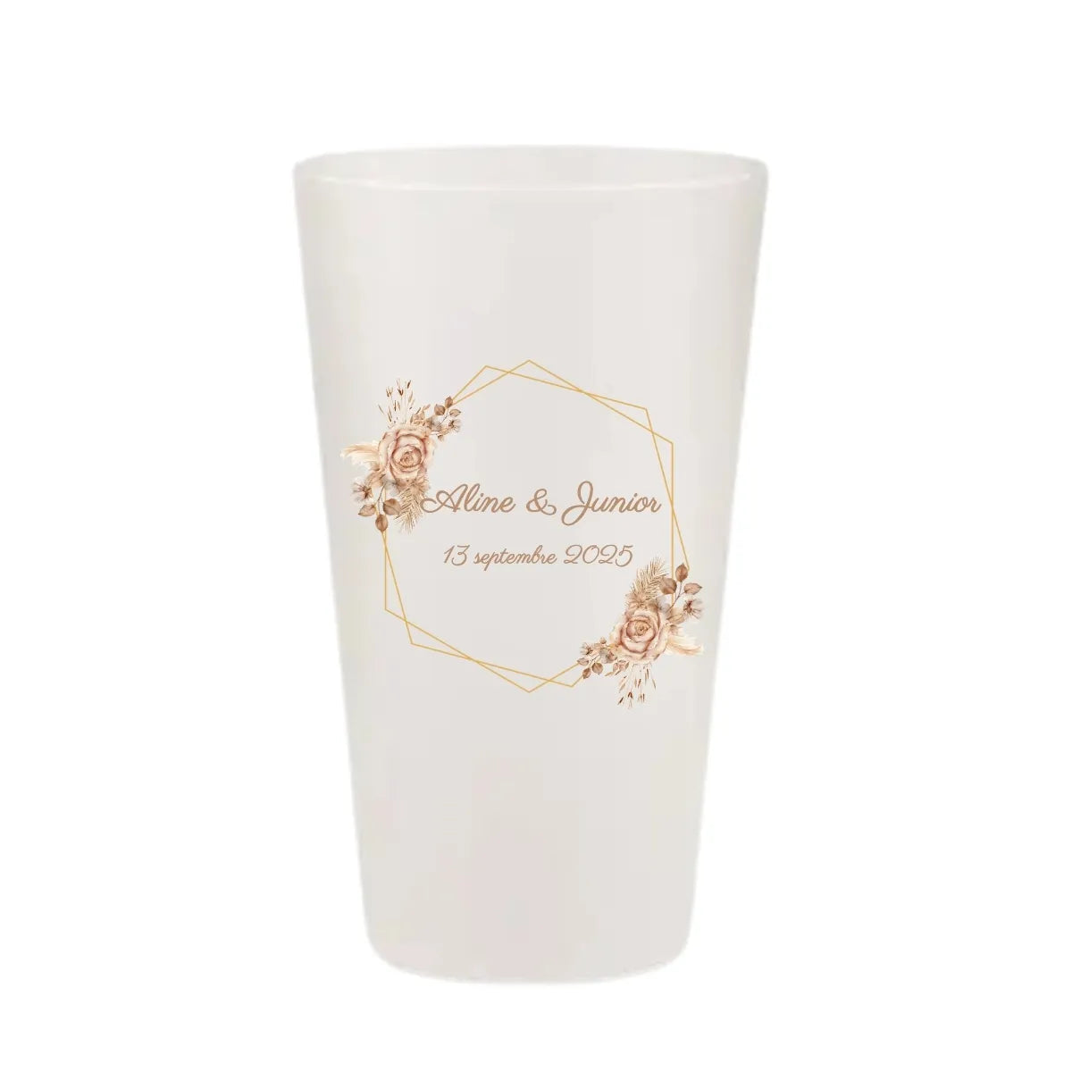 Gobelet de mariage personnalisé avec un hexagone doré et des roses, pampas couleur beige