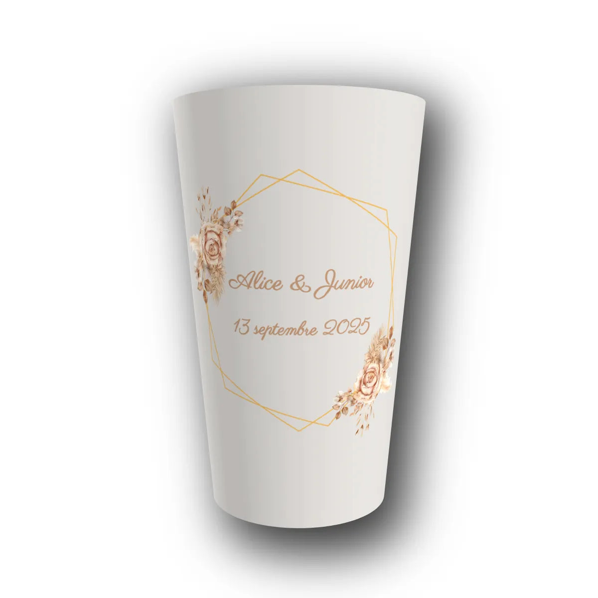 Gobelet réutilisable personnalisé mariage, nid de roses, rendu 3D