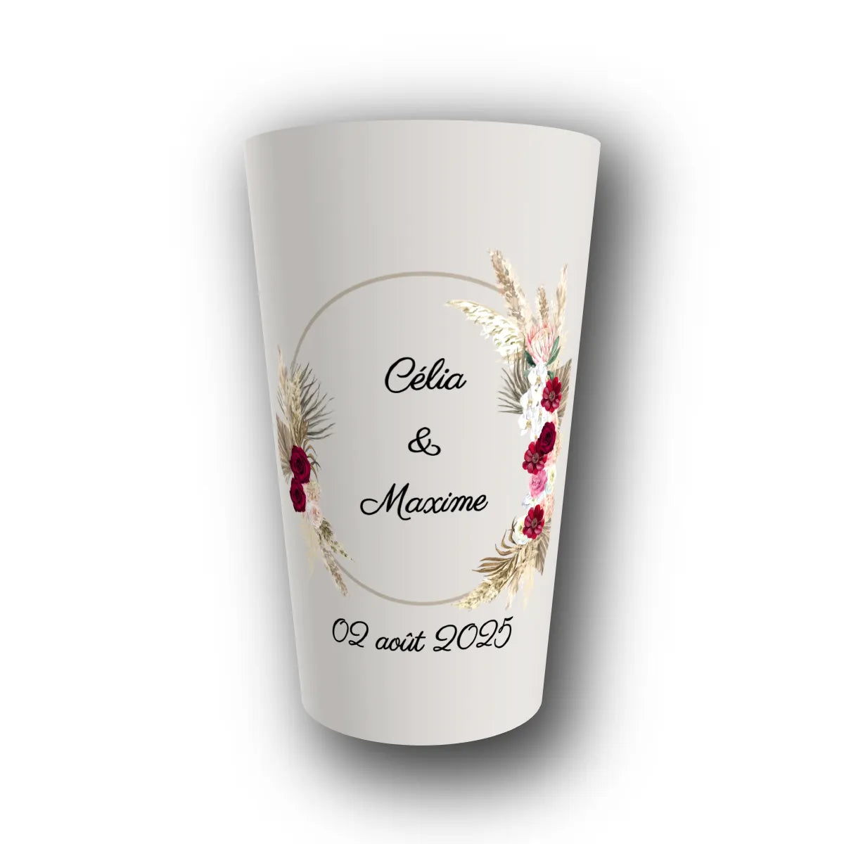 Gobelet réutilisable personnalisé mariage, pampa ton bordeaux, rendu 3D