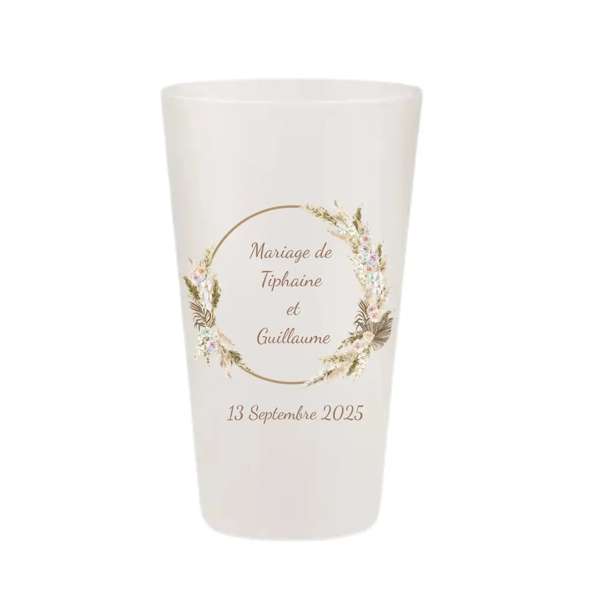Gobelet de mariage personnalisé avec motif herbes de pampa et couronne champêtre, teinte naturelle marron et  fleurs séchées