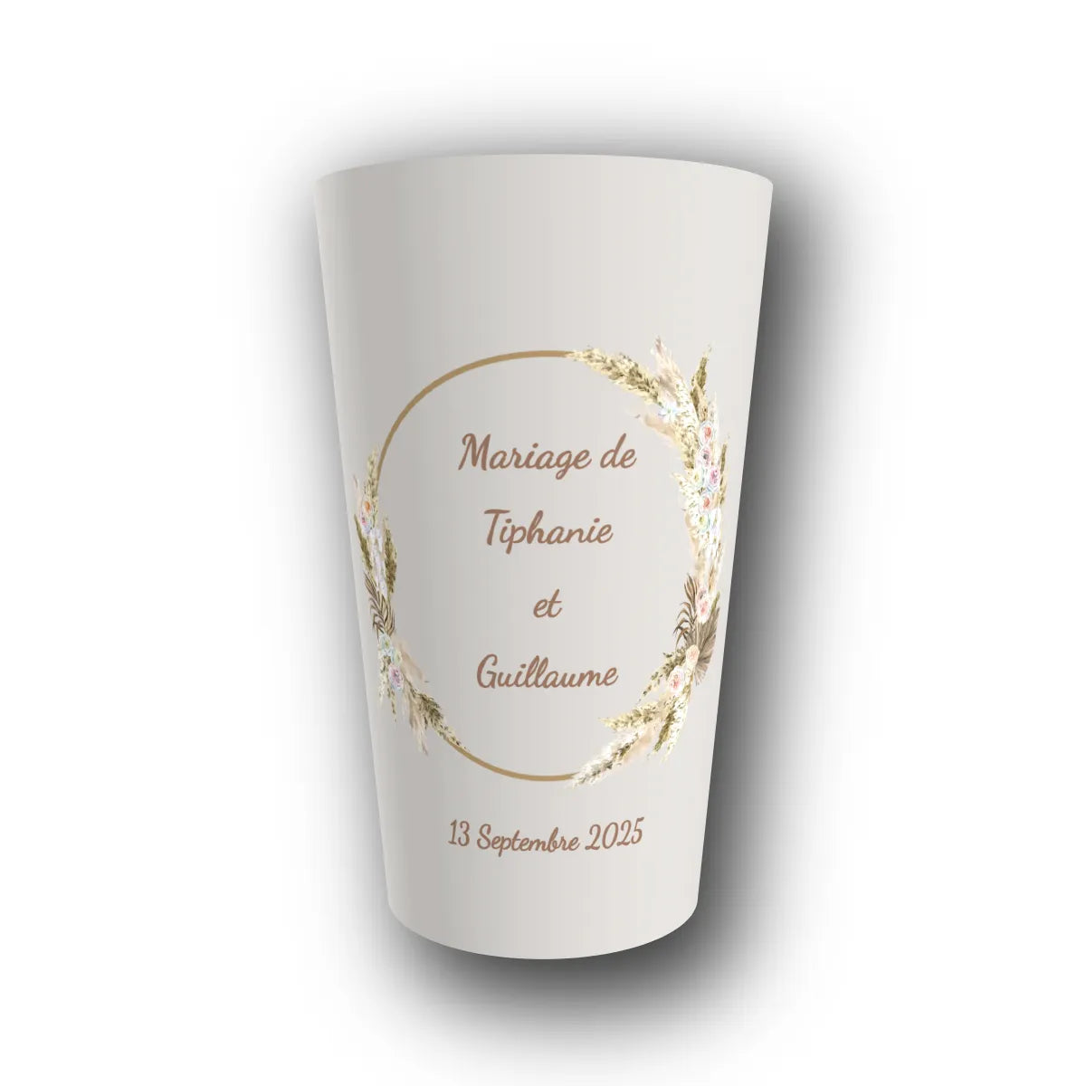 Gobelet réutilisable personnalisé mariage, décor pampa doré, rendu 3D