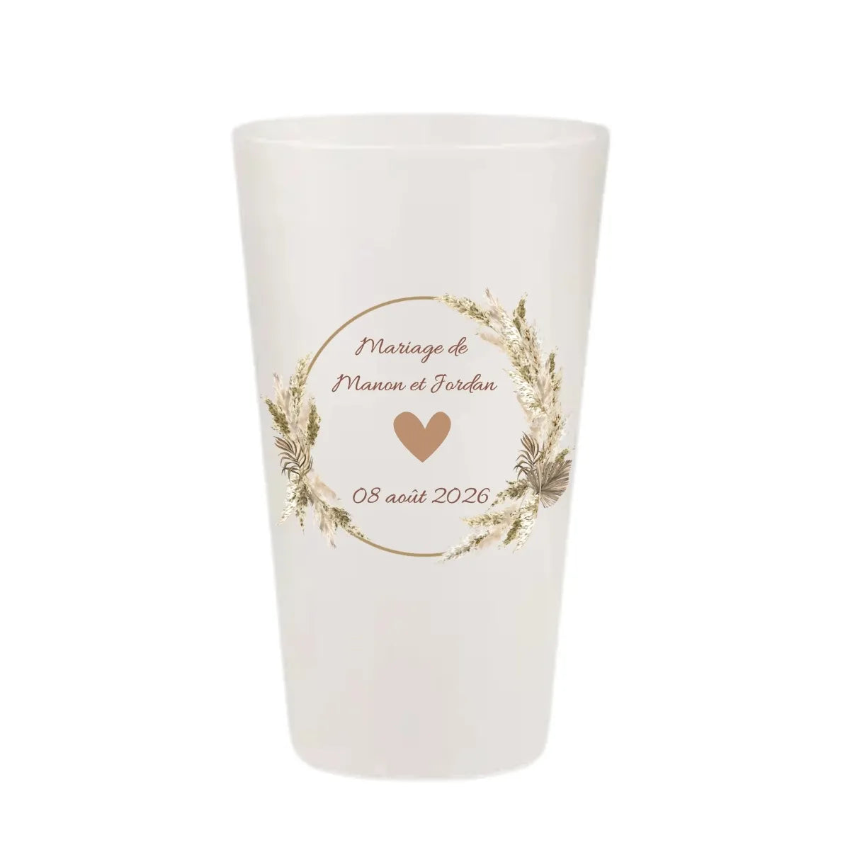 Gobelet mariage personnalisé avec une couronne d'herbes de la pampa et un cœur bohème.