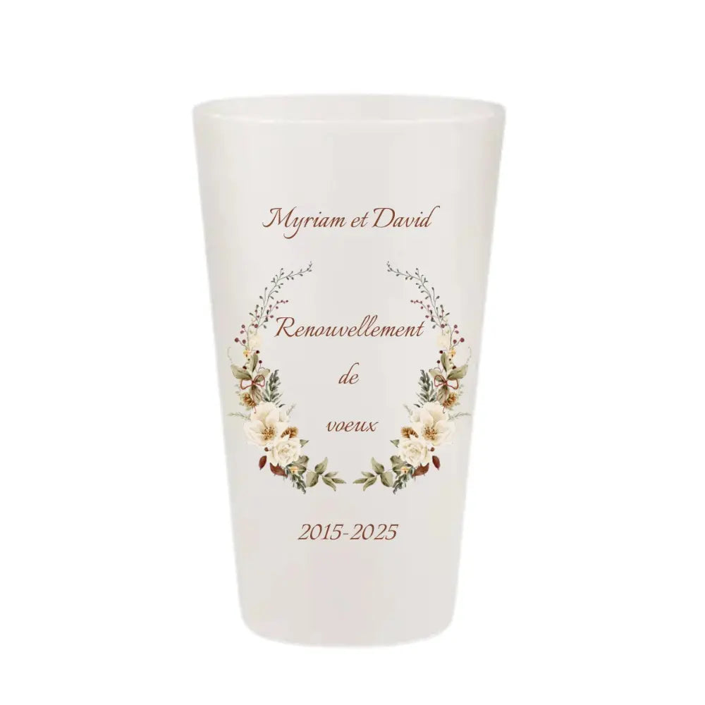 Gobelet réutilisable personnalisé pour renouvellement de vœux, illustration couronne de fleurs de coton et roses blanches, fabriqué en France.