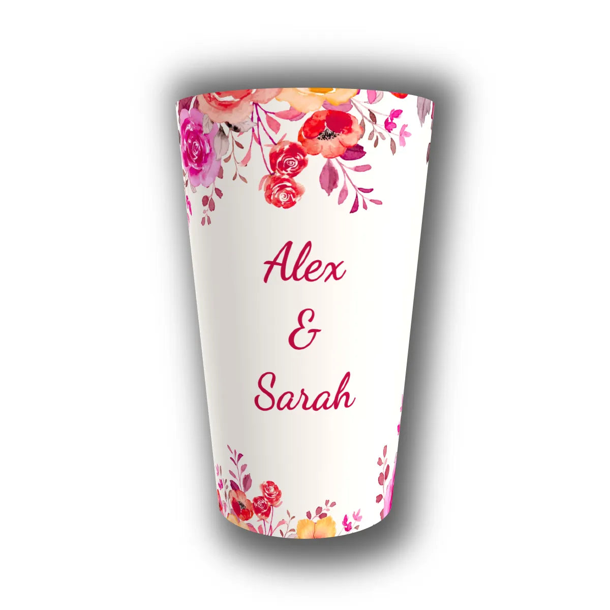 Gobelet mariage personnalisé roses et coquelicots aquarelle roses, rouges et orangés – Alex & Sarah