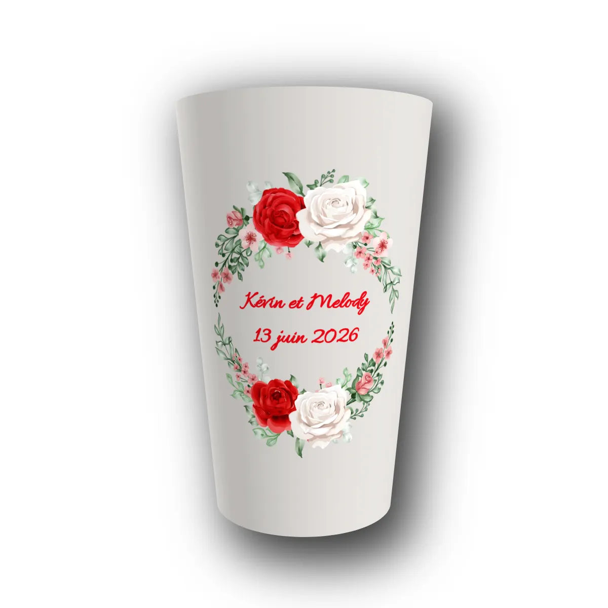 Gobelet réutilisable personnalisé mariage, roses passion, rendu 3D