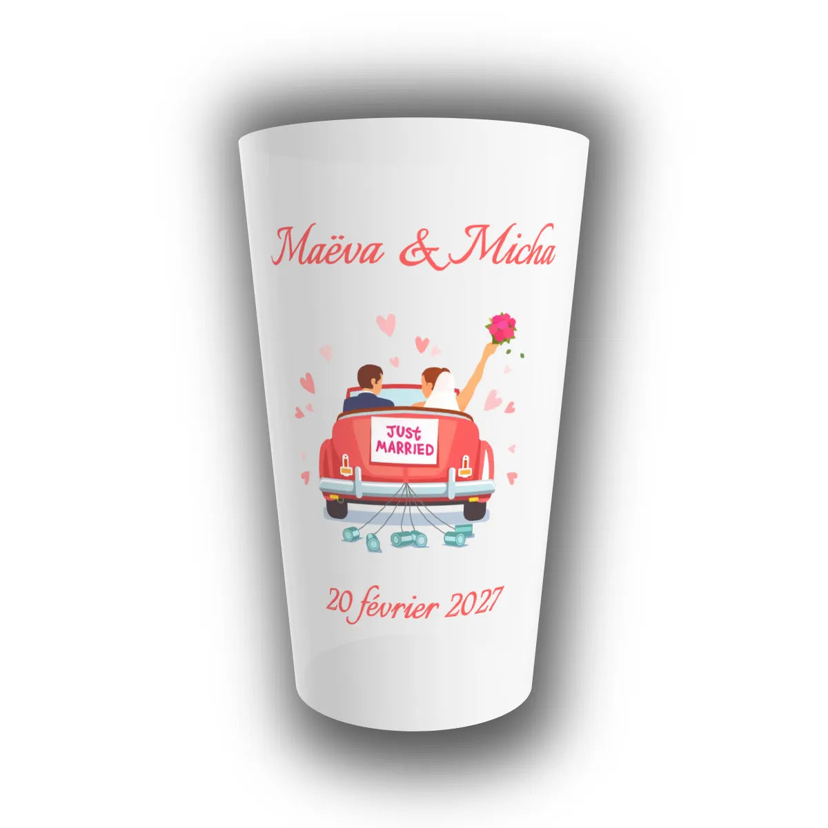 Gobelet réutilisable personnalisé pour mariage, translucide, orné d'une voiture rouge vintage Just Married, prénoms des mariés et date à personnaliser