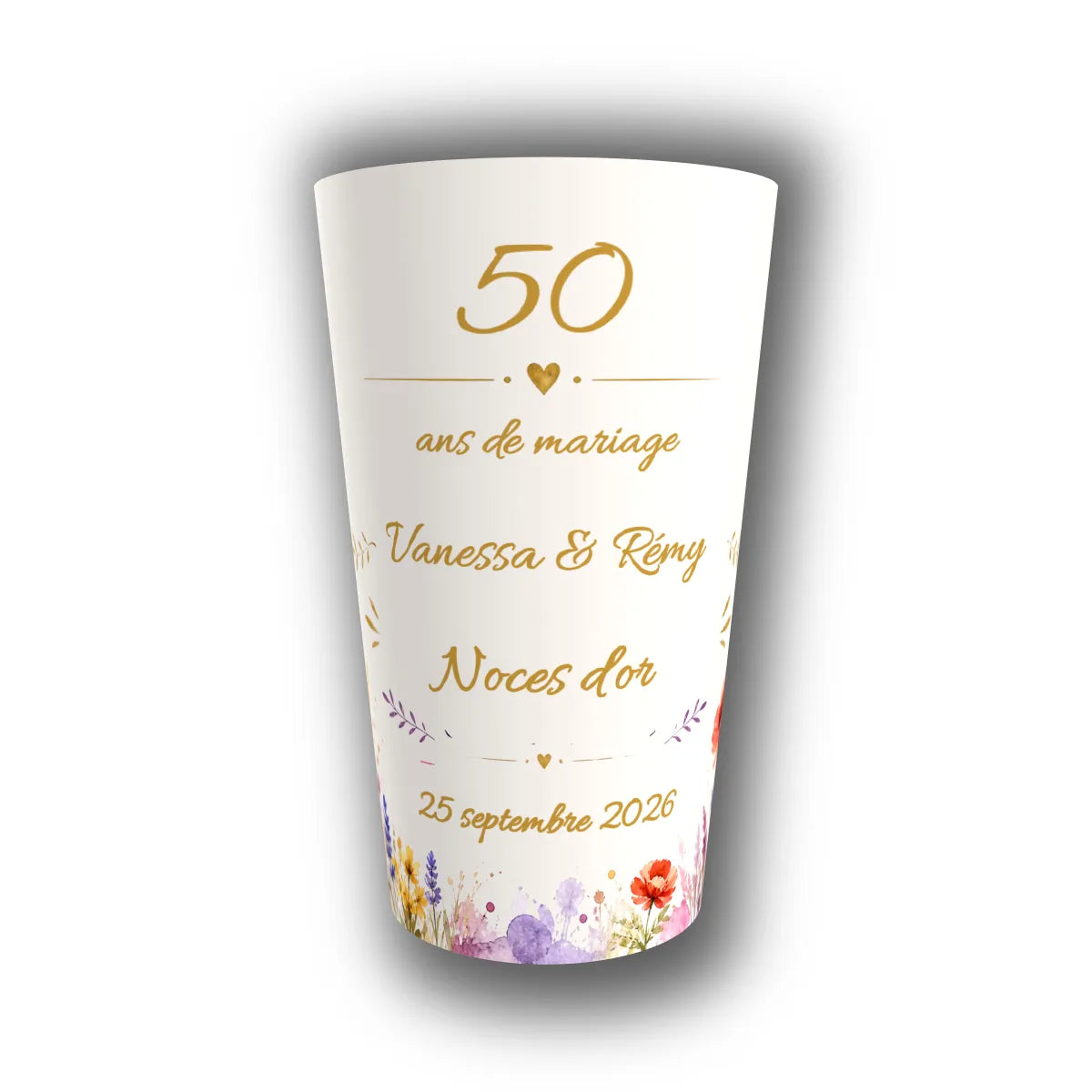 Gobelet noces d'or personnalisé 50 ans de mariage fleurs des champs — réutilisable, Kuztom