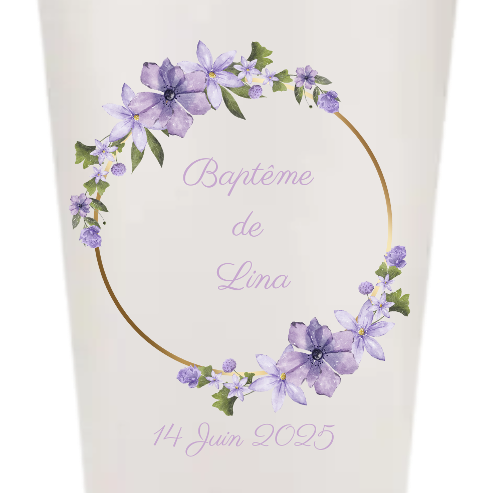 Gobelets personnalisés baptême/anniversaire fleuri violet lila