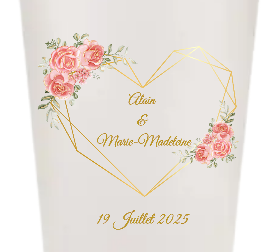 Gobelets personnalisés Mariage - cœur doré fleurs rose
