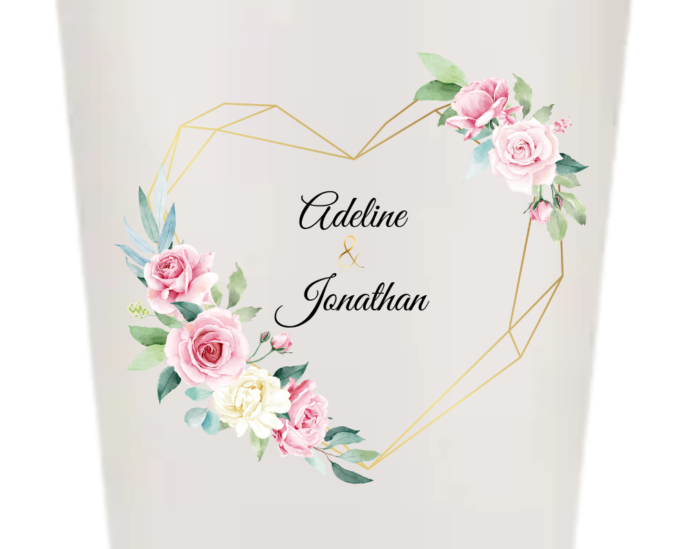 Gobelets personnalisés Mariage - cœur doré fleur rose