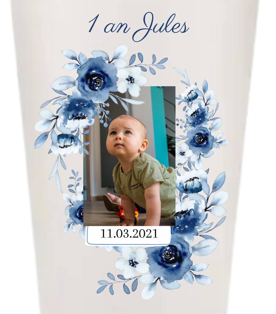 Gobelets personnalisés baptême/anniversaire bleu fleur photo