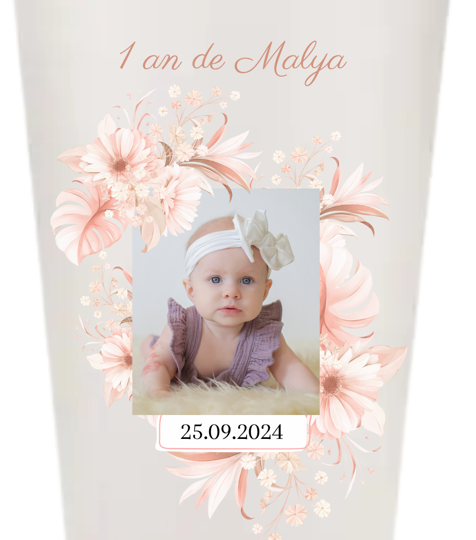 Gobelets personnalisés baptême/anniversaire rose fleur photo