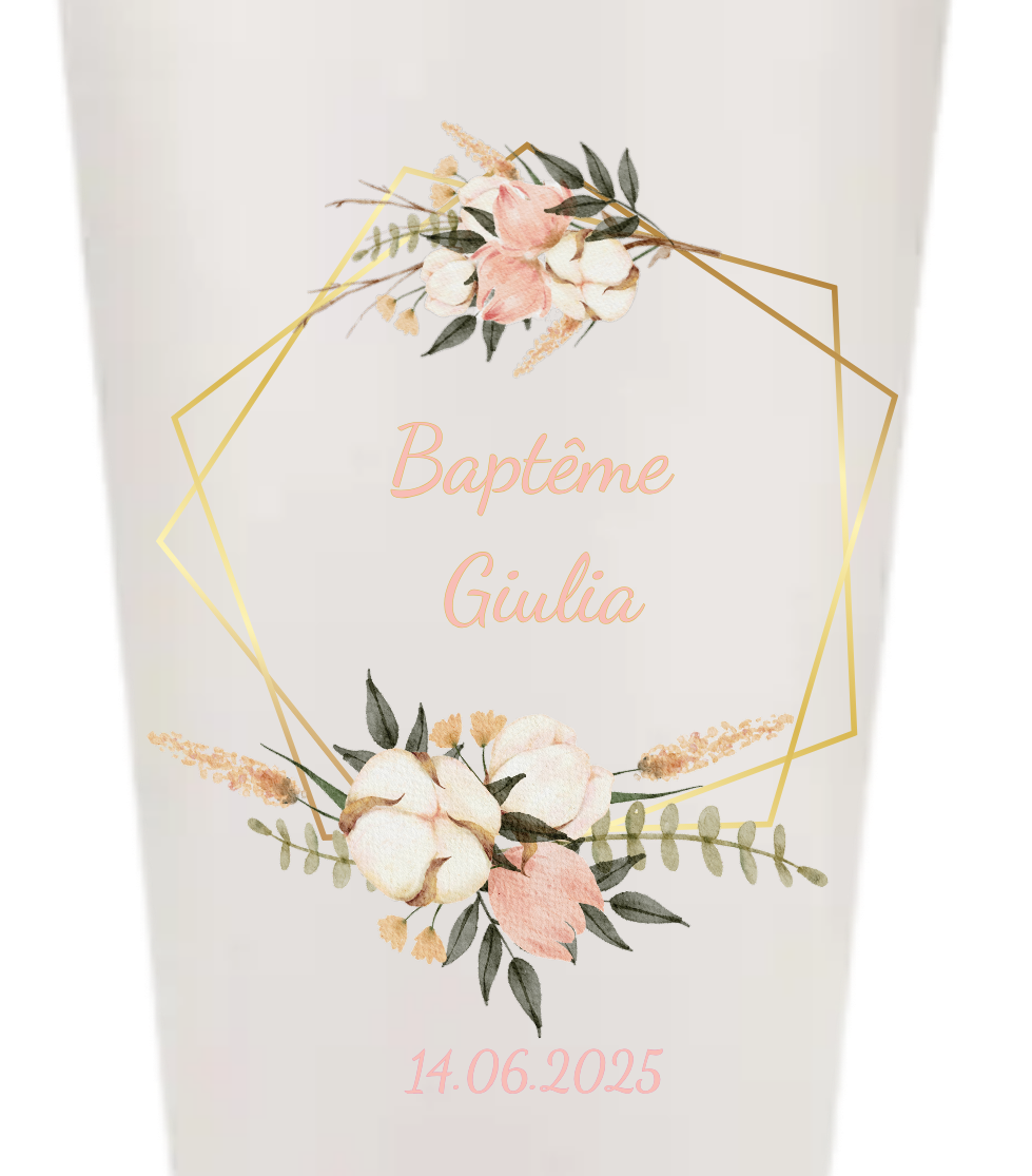 Gobelets personnalisés baptême/anniversaire feuillage rose & vert doré