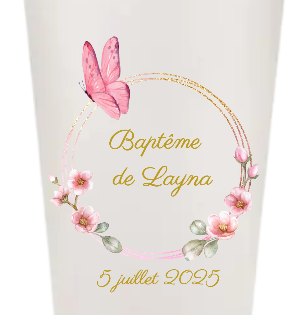 Gobelets personnalisés baptême/anniversaire fleur papillon rose