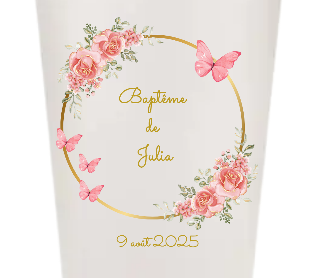 Gobelets personnalisés baptême/anniversaire papillon rose & or