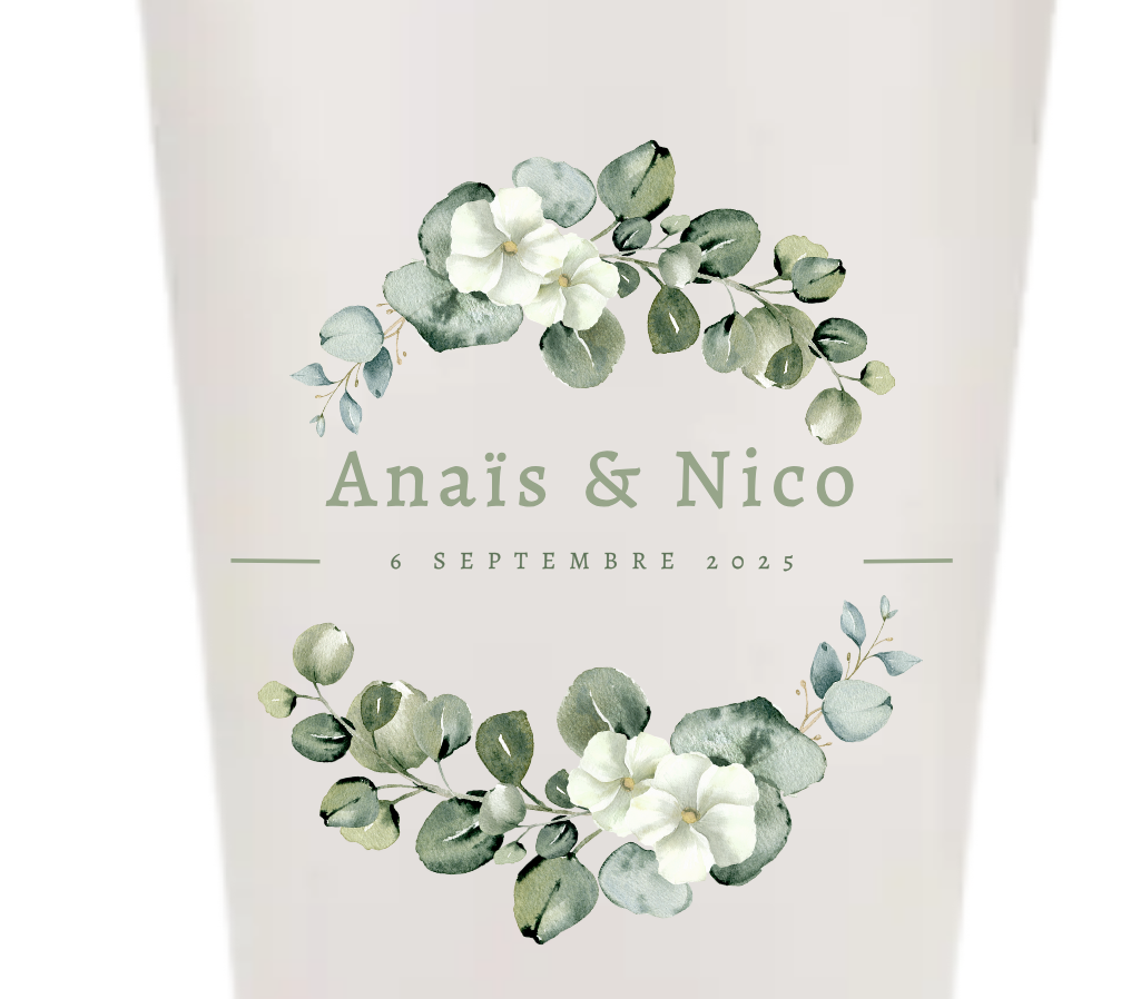 Gobelets personnalisés mariage - feuillage vert & blanc