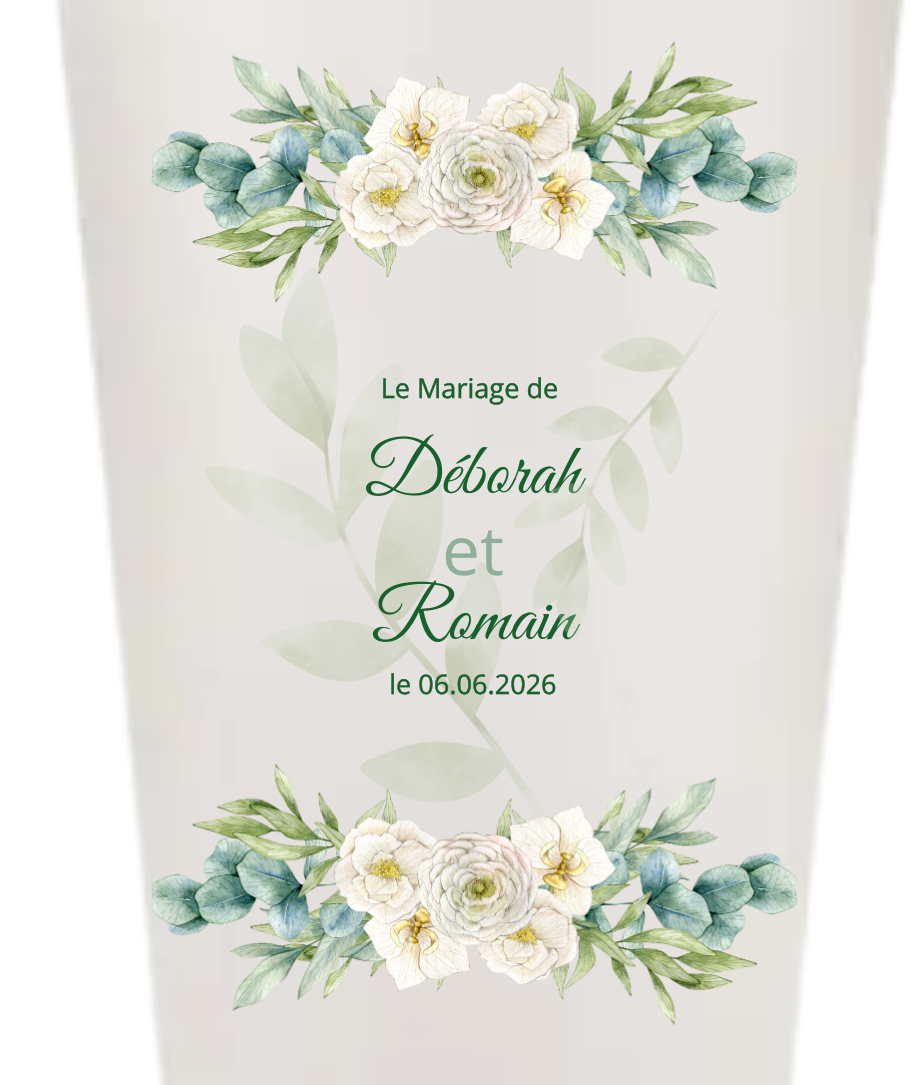 Gobelets personnalisés Mariage - vert sauge rose blanche