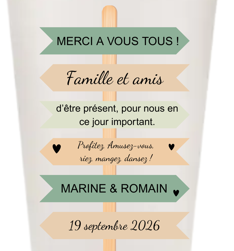 Gobelets personnalisés Mariage - pancarte vert sauge & beige