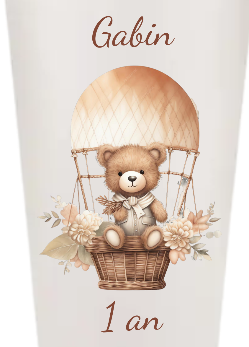 Gobelets personnalisés baptême/anniversaire ourson marron montgolfière