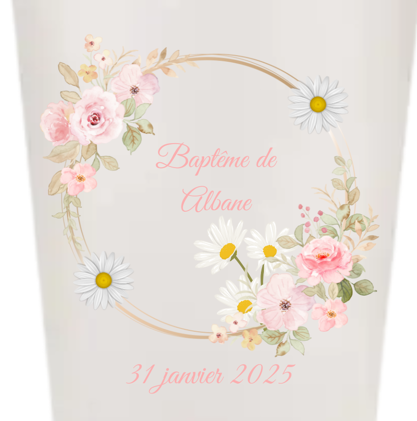 Gobelets personnalisés baptême/anniversaire fleur rose marguerite