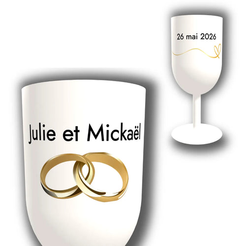 Verre à vin personnalisé Alliances Dorées — vue d'ensemble et gros plan du design