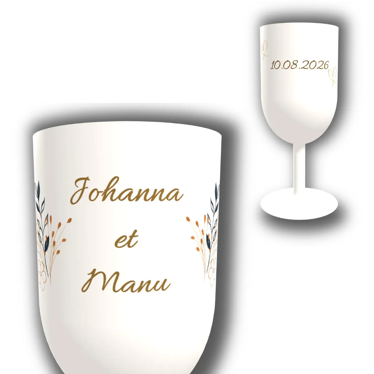 Verre à vin personnalisé Duo Botanique Ocre — vue d'ensemble et gros plan du design
