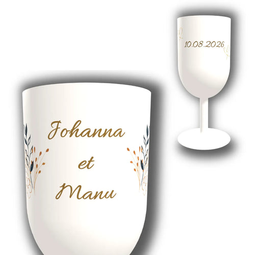 Verre à vin personnalisé Duo Botanique Ocre — vue d'ensemble et gros plan du design