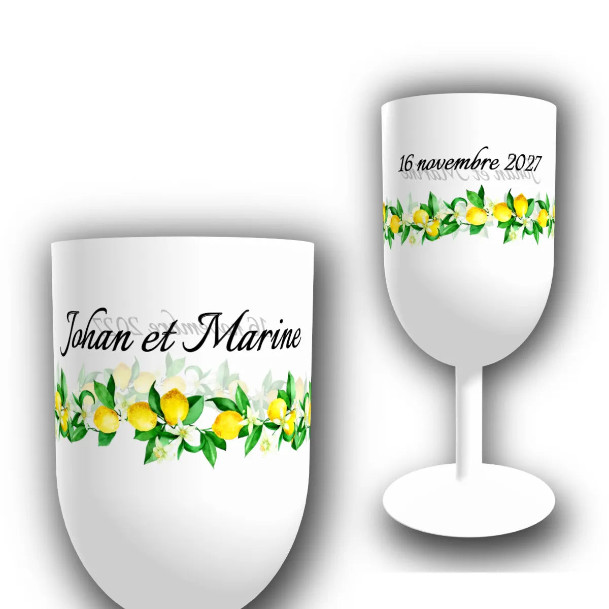 Verre à vin personnalisé translucide avec guirlande de citrons aquarelle, prénoms des mariés et date du mariage imprimés