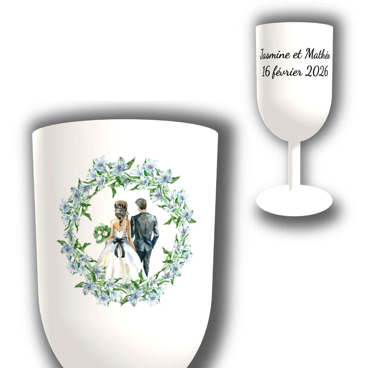 Verre à vin personnalisé Mariés & Couronne d'Azur — vue d'ensemble et gros plan du design